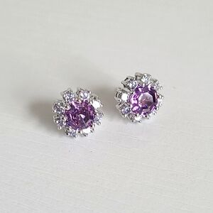 Beautiful Sterling Silver Amethyst Purple Crystal Flower Prong Set Stud Earrings